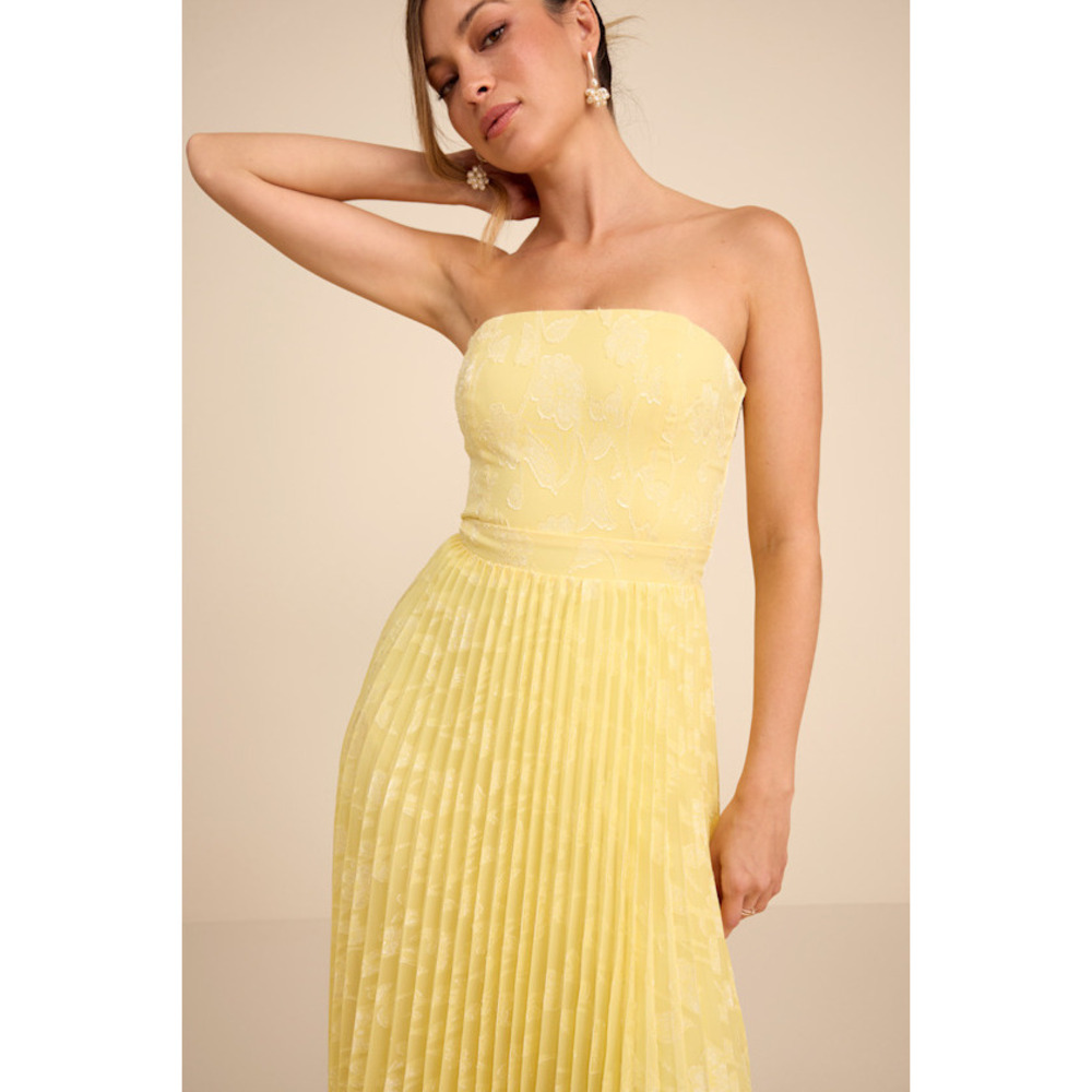 Lulus Perfectly Stunning Yellow Jacquard Strapless Midi Dress - Size L
